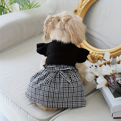 1pc Adorable Dog Pastoral Plaid Dress with Bow Bud & Flying Sleeves - Fashion Pet Skirt for Cats and Dogs - All Seasons Comfortable Clothing