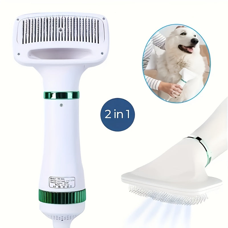 2-in-1 Pet Hair Dryer and Grooming Brush with 3-Speed Temperature Control, Quiet Operation for Dogs After Bathing, White with Green Accents, Plastic Material, Ideal for Wet or Dry Pet Care, Dog Grooming