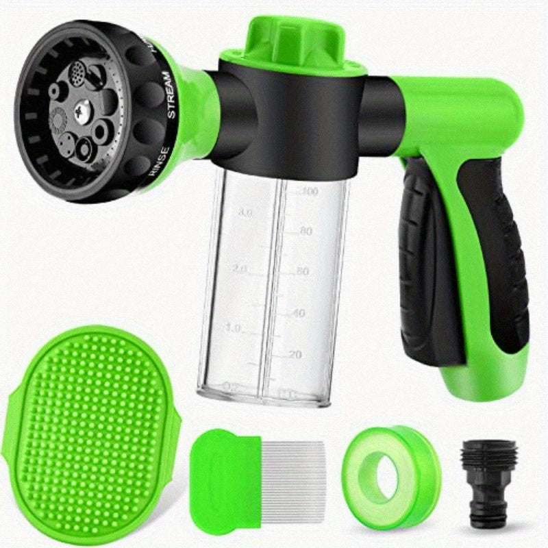 8in 1 Dog Wash Sprayer with Massa Brush & Pet Grooming Comb - 3/4 Inch Standard Garden Hose Nozzle, Silicone Durable Pet Bathing Tool for Dogs, Garden, Car Washing, Water Flowers, Ergonomic Handle, Comfortable Fit, Dog Washer