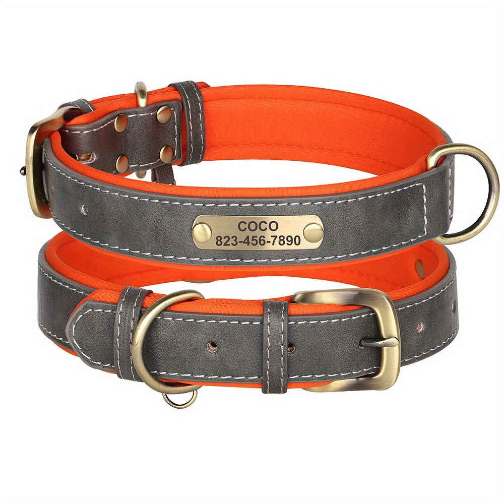 [Custom Dog Collar] Soft Padded Custom Engraved Dog Collar with ID Nameplate - Adjustable Pet Collars for Small to Large Dogs - Solid Pattern, Durable Material, Personalized