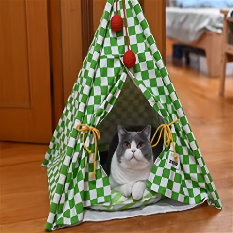 Zeze Cute Pet Tent Pet House Cat Nest Semi-closed Detachable Washable Mat Cat Bed Four Seasons Universal Cat Bed With Checkerboard Pattern