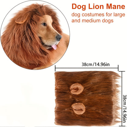 1pc Lion Mane Dog Costume - Adjustable Polyester Fiber Pet Wig for Medium & Large Dogs - Festive Christmas & Halloween Gift Accessory - For Dog Owners -  Perfect for Parties & Photoshoots