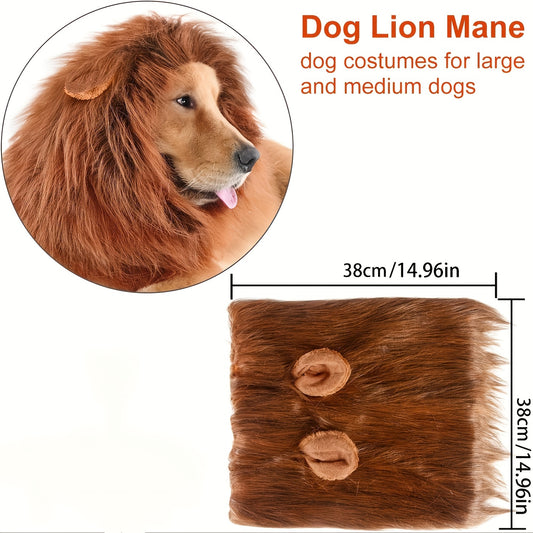 1pc Lion Mane Dog Costume - Adjustable Polyester Fiber Pet Wig for Medium & Large Dogs - Festive Christmas & Halloween Gift Accessory - For Dog Owners -  Perfect for Parties & Photoshoots