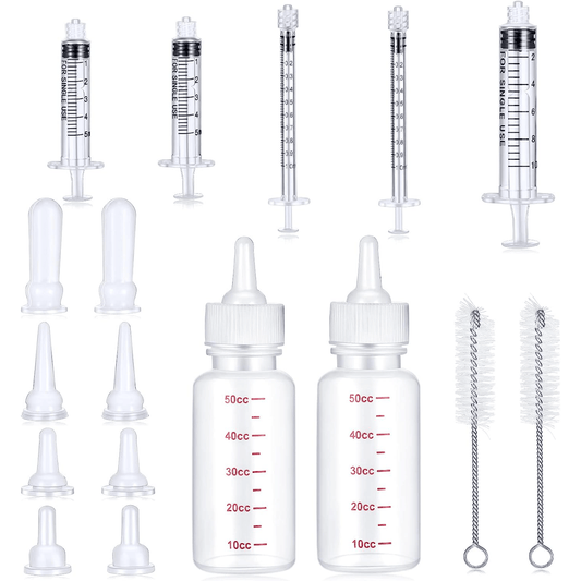 17pcs Pet Nursing Bottle Kit - 2 Bottles, 8 Pacifiers, 5 Syringes, 2 Brushes - Ideal For Feeding Puppies And Other Small Animals - Easy To Clean And Reuse