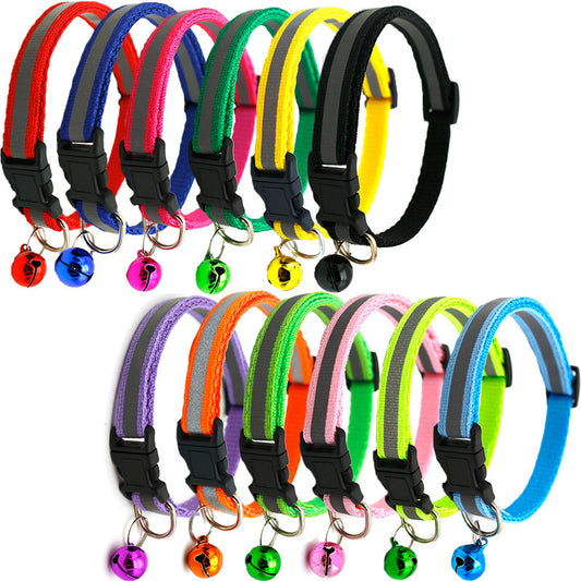Reflective Safety Cat Collar With Bell - Adjustable, Durable Polyester Pet Neck Strap For Nighttime Visibility