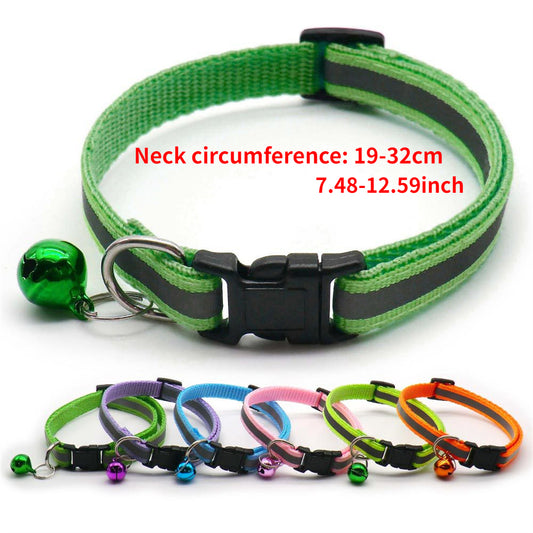 Reflective Safety Cat Collar With Bell - Adjustable, Durable Polyester Pet Neck Strap For Nighttime Visibility