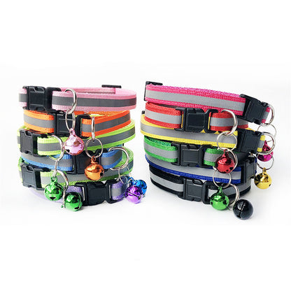 Reflective Safety Cat Collar With Bell - Adjustable, Durable Polyester Pet Neck Strap For Nighttime Visibility