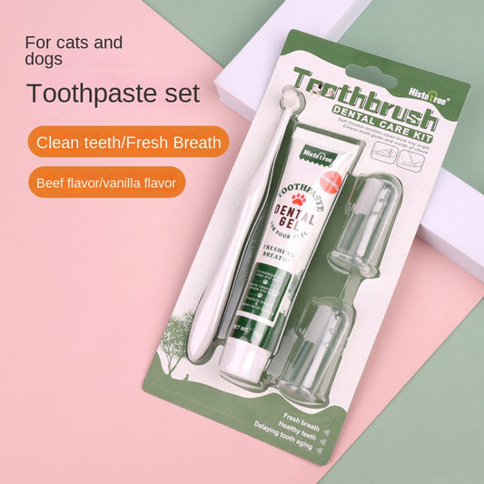 Beef/Vanilla Flavor Pet Tooth Care Set, Dog Toothpaste Dog Teeth Cleaning Brush With 2 Soft Finger Toothbrushes, Pet Oral Dental Care Supplies