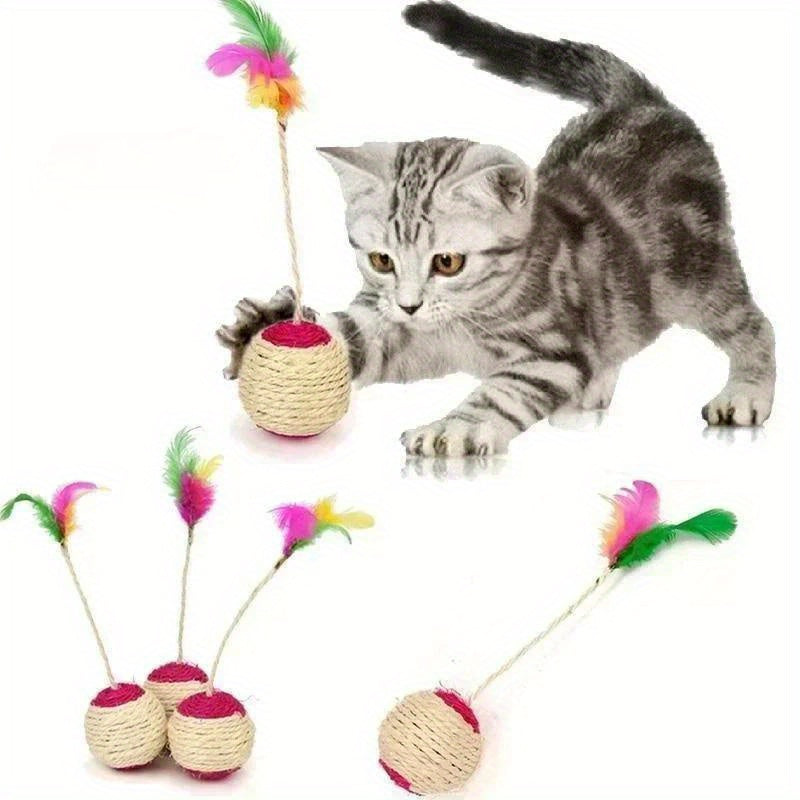 1pc Whisker Wonders Interactive Cat Toy, Sisal Fetch Ball with Feather Teaser, Durable Fiber Material, Small Breed Recommended, No Battery Needed, Pet Play & Training Supplies