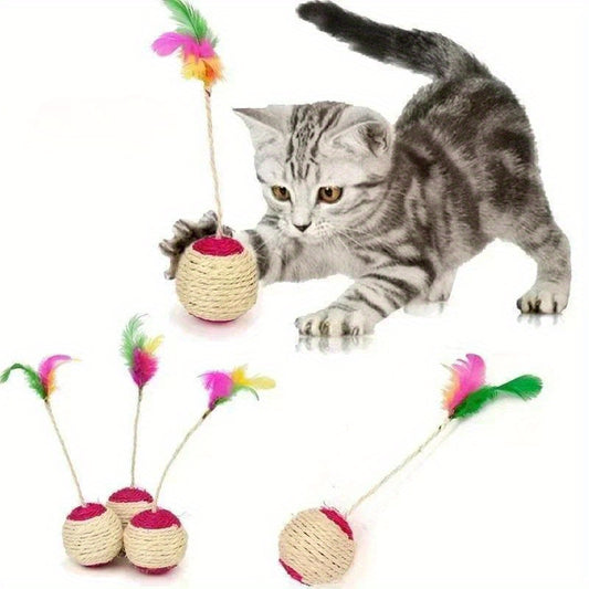 1pc Whisker Wonders Interactive Cat Toy, Sisal Fetch Ball with Feather Teaser, Durable Fiber Material, Small Breed Recommended, No Battery Needed, Pet Play & Training Supplies