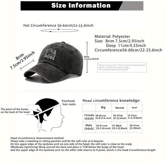 LIFE IS BETTER with DOGS Embroidered Cotton Baseball Cap - Vintage Washed Soft Stretchy Breathable Unisex Dad Hat with Adjustable Snapback, Lightweight Casual Outdoor Sports Hat, Perfect Gift for Dog Lovers & Mother’s Day,