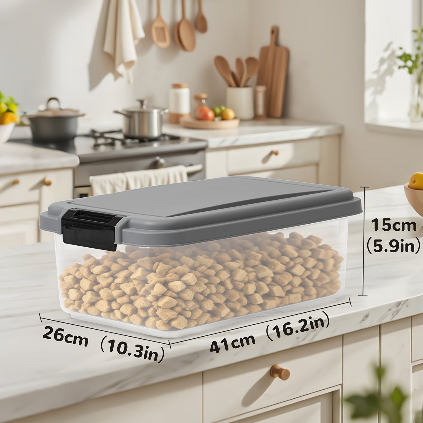 30LBS & 11LBS Large Pet Food Storage Bin with Locking Lid & 4-Wheel Mobility - Heavy-Duty Clear Square Container with Black Base, Spill-Proof Design for Dogs, Cats, Birds - Easy-Clean Durable Plastic Food Dispenser with 2 Cup