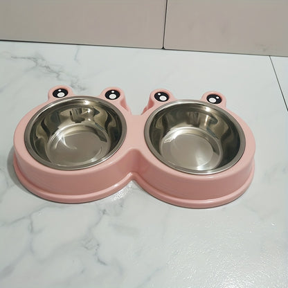 Pet Frog Design Stainless Steel Cat Double Bowl Water Food Bowls For Small Dogs Pet Cat