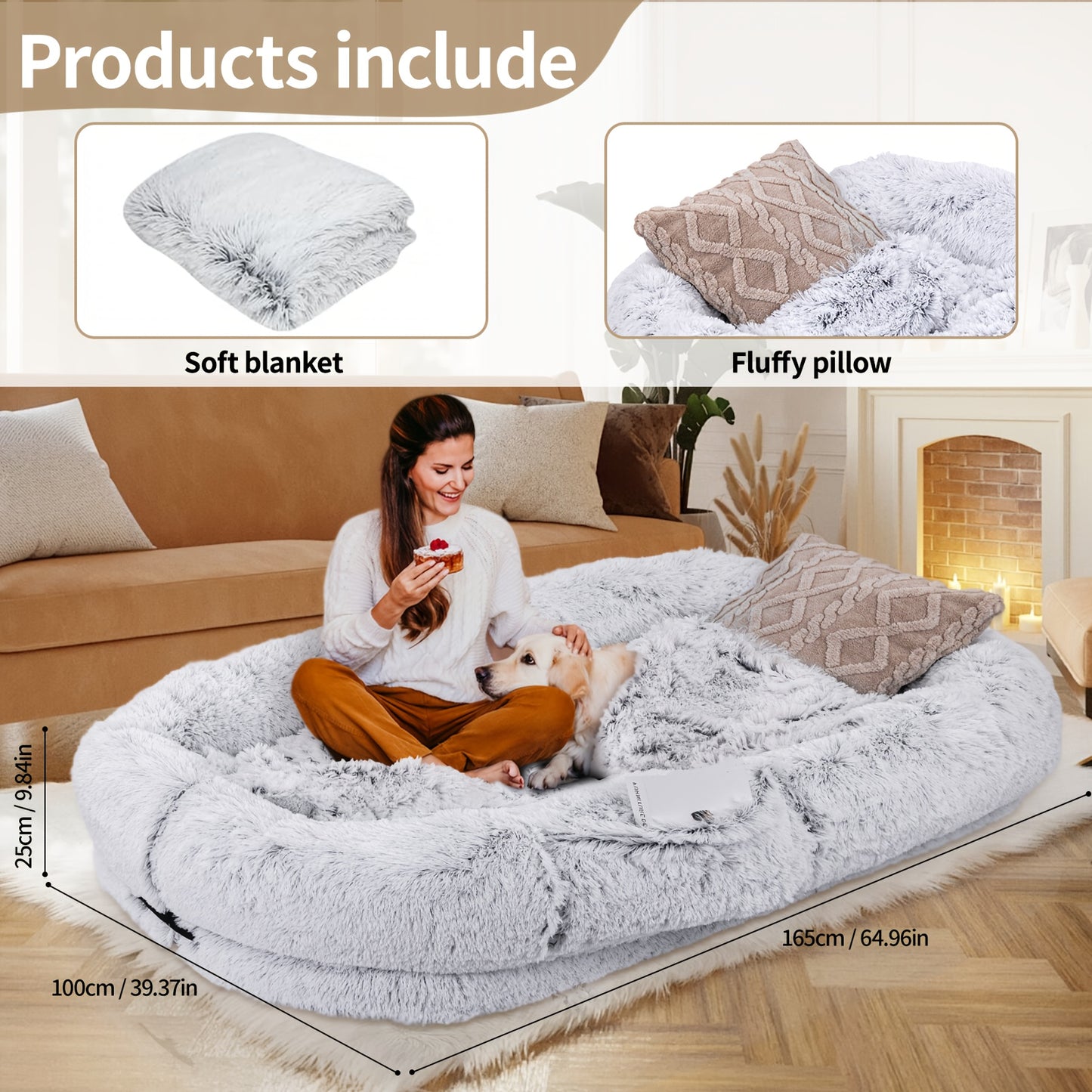 71"x45"x12" Orthopedic Dog Bed for Humans & Pets - Washable Faux Fur Oval Pet Bed with Plush Pillow & Strap, No Assembly Needed, Durable Polyester, Gray - Medium Dogs, Cozy Nap & Resting Spot, Pet Bed for Dogs, Cozy Home Deco