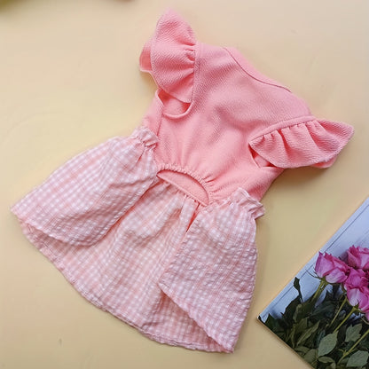 1pc Adorable Dog Pastoral Plaid Dress with Bow Bud & Flying Sleeves - Fashion Pet Skirt for Cats and Dogs - All Seasons Comfortable Clothing