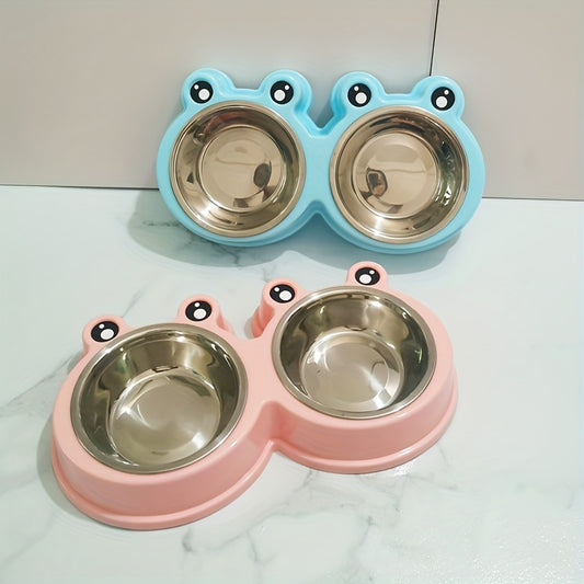 Pet Frog Design Stainless Steel Cat Double Bowl Water Food Bowls For Small Dogs Pet Cat