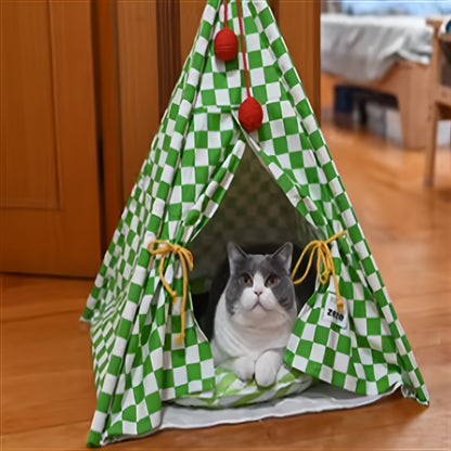 Zeze Cute Pet Tent Pet House Cat Nest Semi-closed Detachable Washable Mat Cat Bed Four Seasons Universal Cat Bed With Checkerboard Pattern