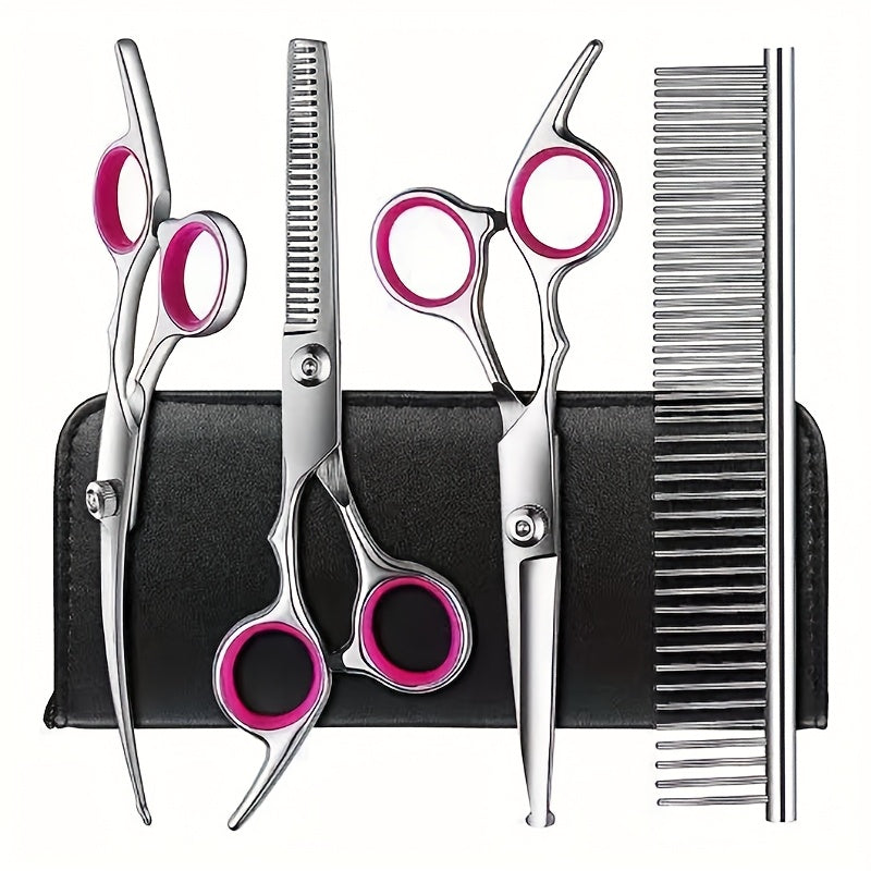 Professional Pet Grooming Scissors Set - Includes 1 x 6.5-inch Thinning Shears, 1 x 6.5-inch Curved Shears, 1 x 6.5-inch Straight Shears, 1 Pet Comb, 1 Cleaning Cloth, and 1 Black Case