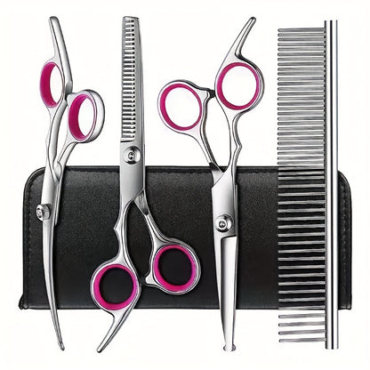 Professional Pet Grooming Scissors Set - Includes 1 x 6.5-inch Thinning Shears, 1 x 6.5-inch Curved Shears, 1 x 6.5-inch Straight Shears, 1 Pet Comb, 1 Cleaning Cloth, and 1 Black Case