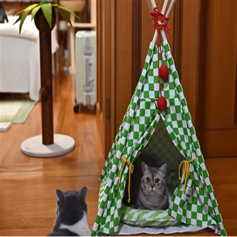 Zeze Cute Pet Tent Pet House Cat Nest Semi-closed Detachable Washable Mat Cat Bed Four Seasons Universal Cat Bed With Checkerboard Pattern