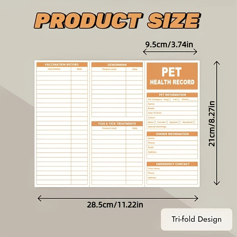 30-Pack Pet Health Record Sheets, Tri-Fold Vaccination & Information Sheets for Puppies & Cats, English Language, Paper Material, Durable Pet Care Documents