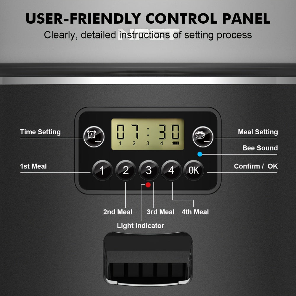 NPET 4L 140.8OZ Automatic Pet Feeder Tailored Healthy Meals Dispenses 1-9 Portions with Accurate Control 4L Large Capacity Available in Button And APP Versions