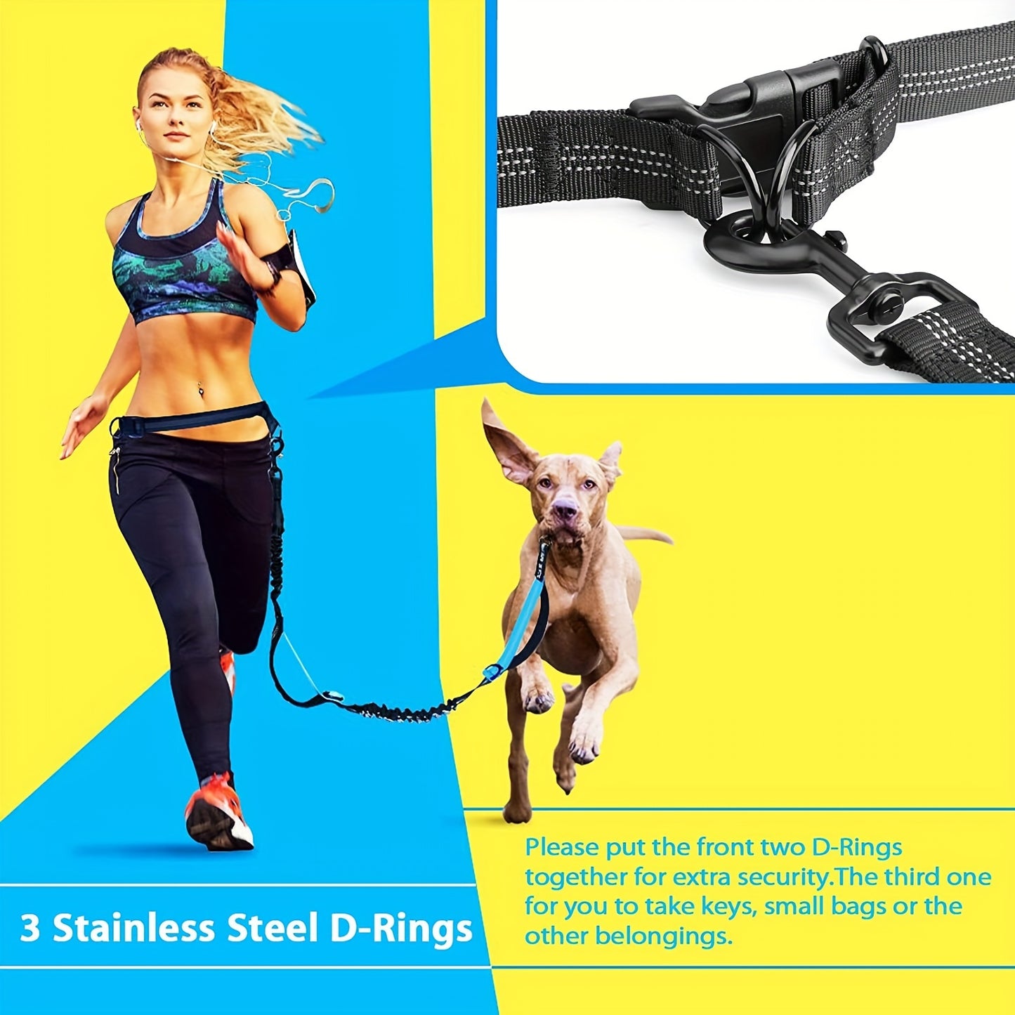 Hands-Free Adjustable Double Handle Dog Leash - Elastic Retractable Rope for Large and Medium Dogs - Perfect for Running, Jogging, and Walking with Your Pet