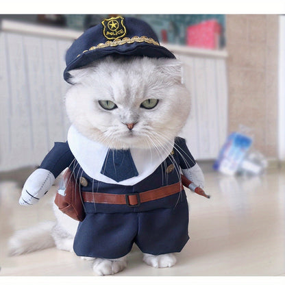 Adorable Small Breed Pet Policeman Costume - Polyester Knit Fabric, Cool Outfit with Hat for Christmas Halloween Party, Fun Cat Clothes for Small Dogs and Cats