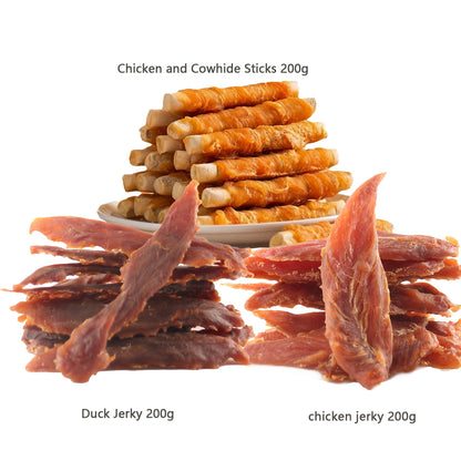 Set of Three (3*200G) 600G/21.1Oz Duck Jerky And Chicken And Cowhide Sticks, Along with Duck Jerky Dog Treats Suitable for Small, Medium, And Large Dogs. These Chewy Snacks Are Easy to Digest, Long-Lasting Dog Chews, Perfect