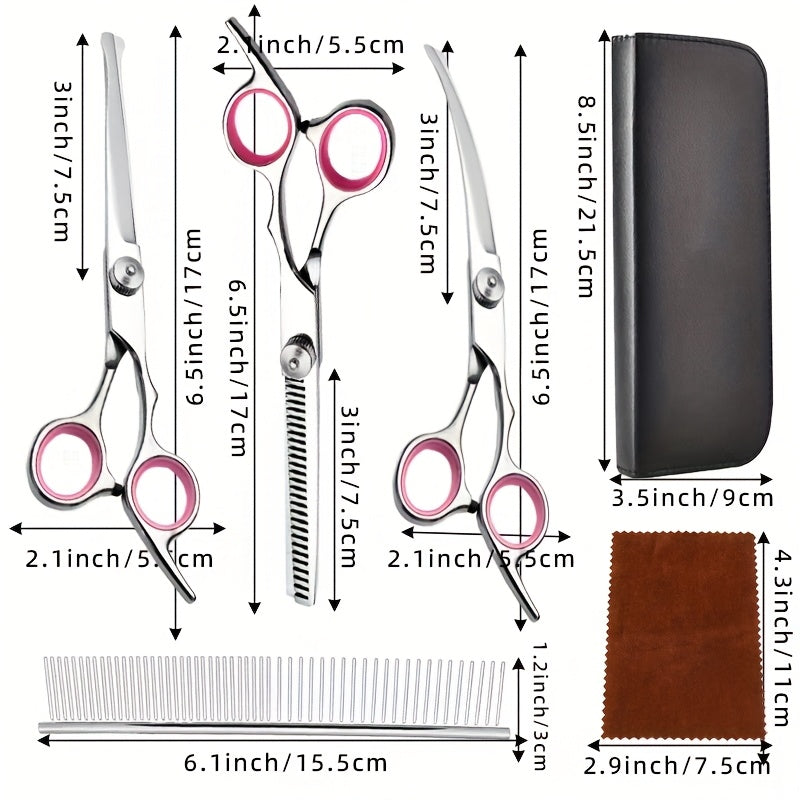 Professional Pet Grooming Scissors Set - Includes 1 x 6.5-inch Thinning Shears, 1 x 6.5-inch Curved Shears, 1 x 6.5-inch Straight Shears, 1 Pet Comb, 1 Cleaning Cloth, and 1 Black Case