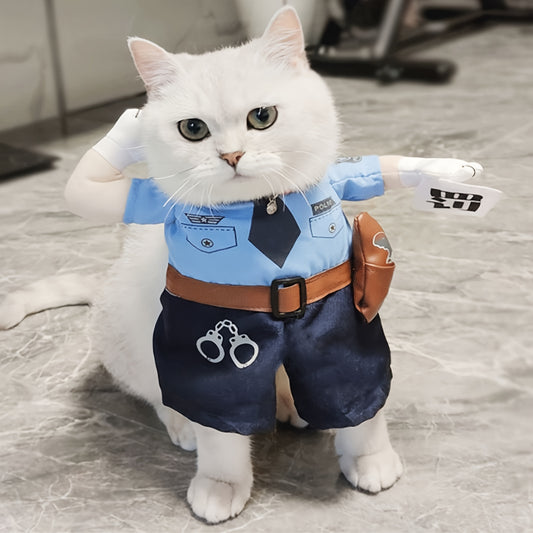 Adorable Small Breed Pet Policeman Costume - Polyester Knit Fabric, Cool Outfit with Hat for Christmas Halloween Party, Fun Cat Clothes for Small Dogs and Cats