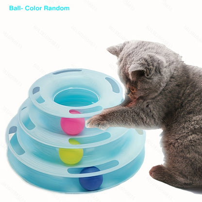 Interactive Cat Toy Tower with Rotating Balls - Durable Plastic Three-Level Track and Ball Play Structure, Entertaining and Stimulating Pet Activity Center, No Batteries Needed, Assorted Ball Colors
