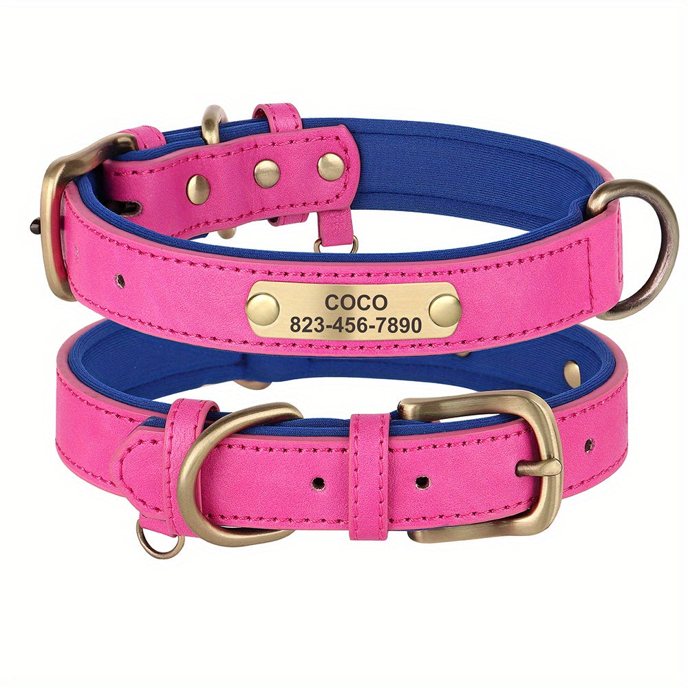 [Custom Dog Collar] Soft Padded Custom Engraved Dog Collar with ID Nameplate - Adjustable Pet Collars for Small to Large Dogs - Solid Pattern, Durable Material, Personalized