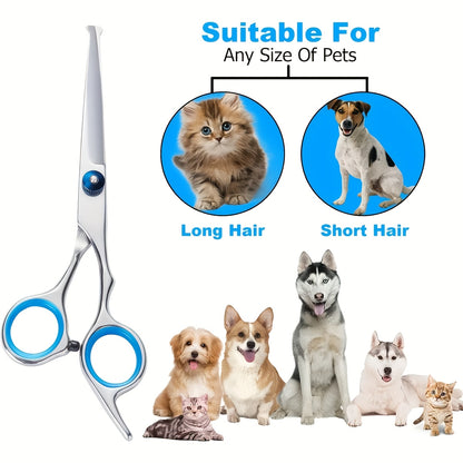 Professional Pet Grooming Scissors Set - Includes 1 x 6.5-inch Thinning Shears, 1 x 6.5-inch Curved Shears, 1 x 6.5-inch Straight Shears, 1 Pet Comb, 1 Cleaning Cloth, and 1 Black Case