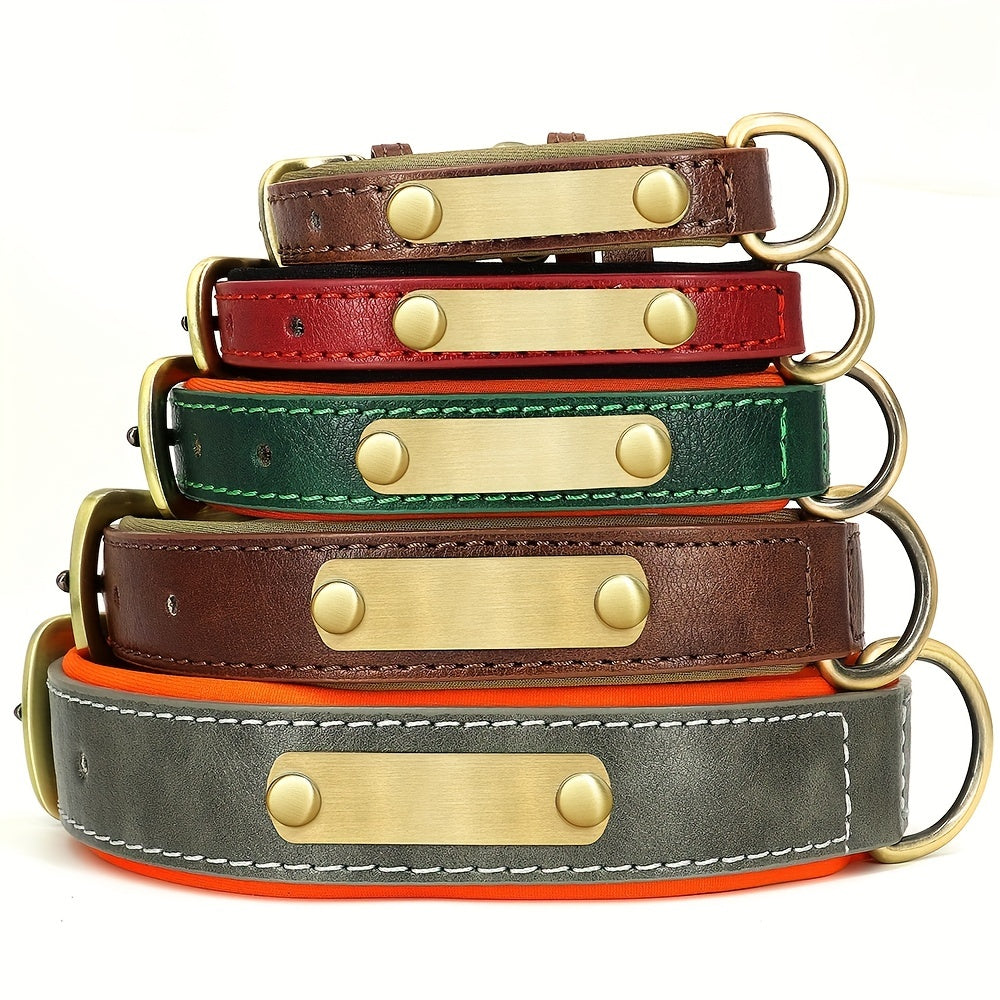 [Custom Dog Collar] Soft Padded Custom Engraved Dog Collar with ID Nameplate - Adjustable Pet Collars for Small to Large Dogs - Solid Pattern, Durable Material, Personalized