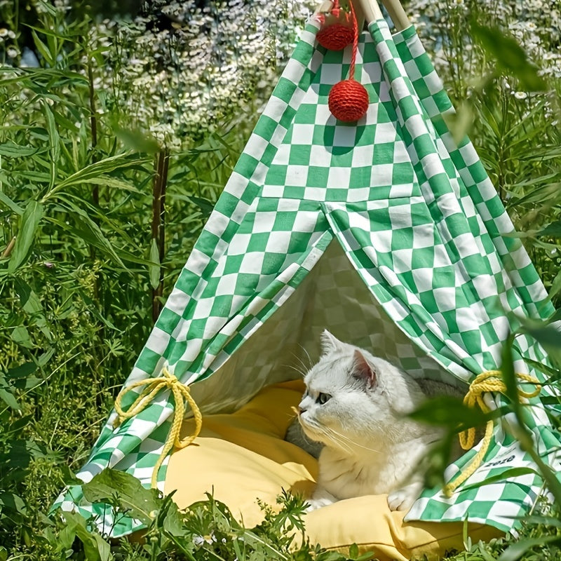 Zeze Cute Pet Tent Pet House Cat Nest Semi-closed Detachable Washable Mat Cat Bed Four Seasons Universal Cat Bed With Checkerboard Pattern