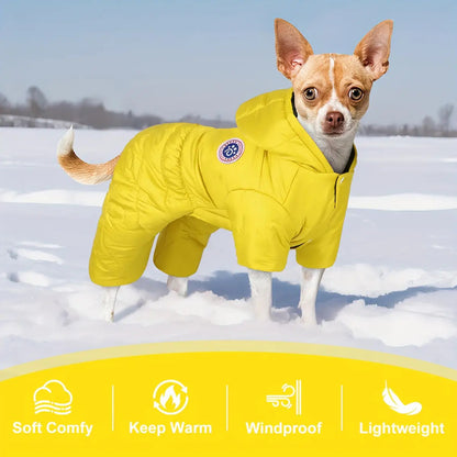 Windproof Thermal Winter Dog Onesie with Hood - Lightweight Warm Pet Suit for Small & Medium Dogs, Easy Snap Button Closure, Machine Washable Cold Weather Clothing for Chihuahuas, Pomeranians, Shih Tzus - Indoor/Outdoor Use,