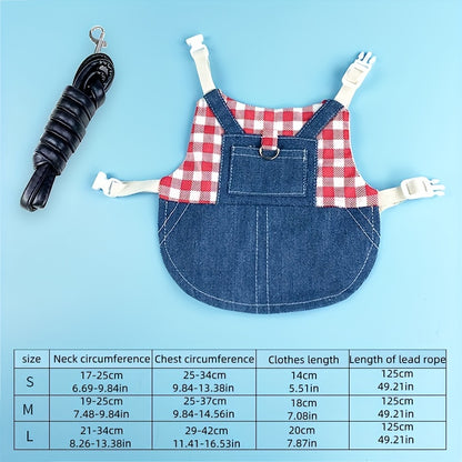 Durable Canvas Plaid Denim 1pc Rabbit Harness with Leash - Perfect for Dwarf Rabbits & Young Guinea Pigs - Stylish Pet Traction Rope Accessory