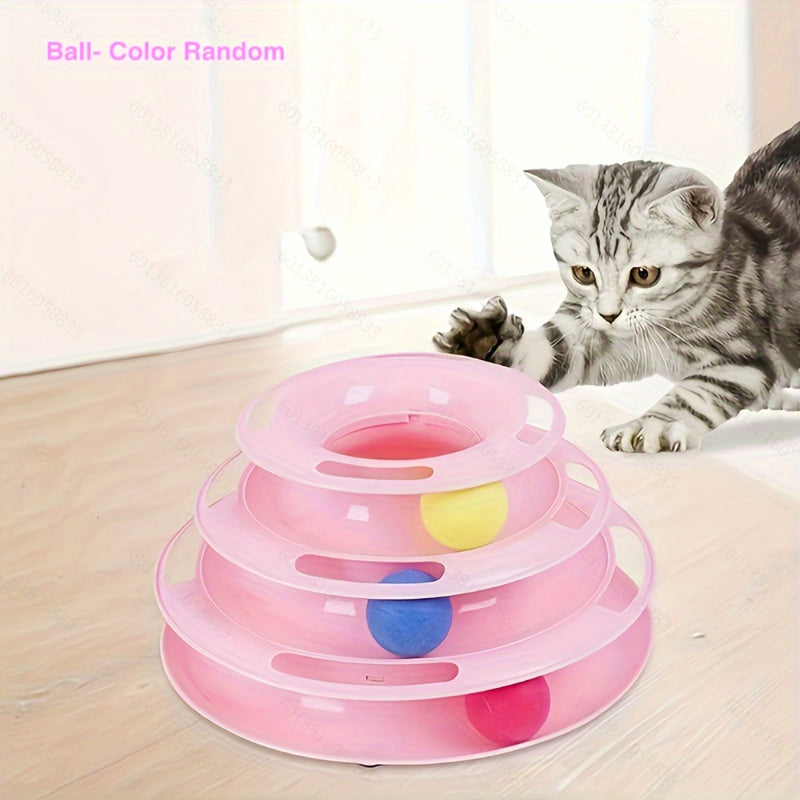 Interactive Cat Toy Tower with Rotating Balls - Durable Plastic Three-Level Track and Ball Play Structure, Entertaining and Stimulating Pet Activity Center, No Batteries Needed, Assorted Ball Colors
