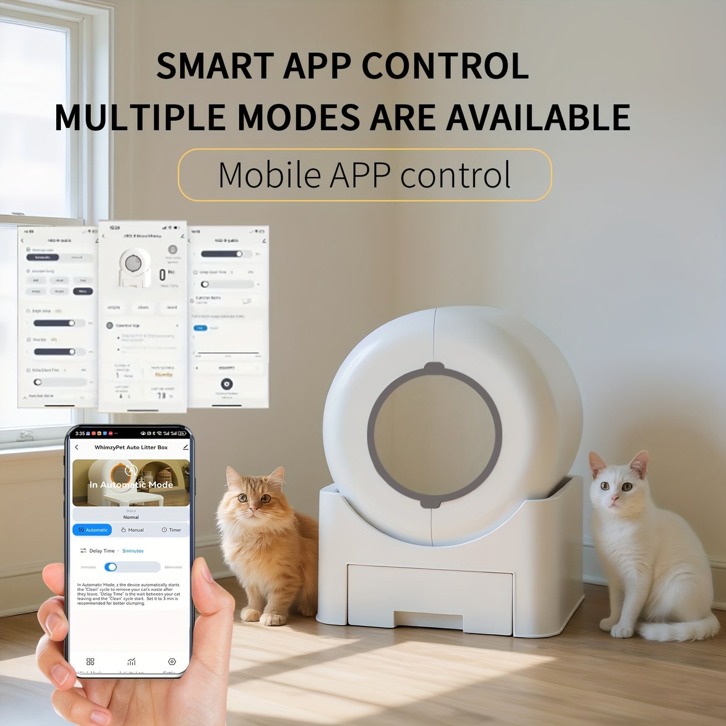 Smart Self-Cleaning Litter Box Pro 18.76gal XL Capacity - APP/WiFi Control, Odorless, Anti-Pinch Safety, Quiet, All Cat Litters Compatible, Includes Waste Bags and Mat, Suitable for Multi-Cat Homes, Quiet Pet Care, Sleek Pet