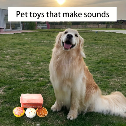Pet Boredom Sound Toy Dog Grinding Teeth Bite-Resistant Cat Dog Companion Doll Squeaky Pink Donut Box Plush Dog Toy with 3 Donut Squeaky Bites. 4-in-1 Plush Package