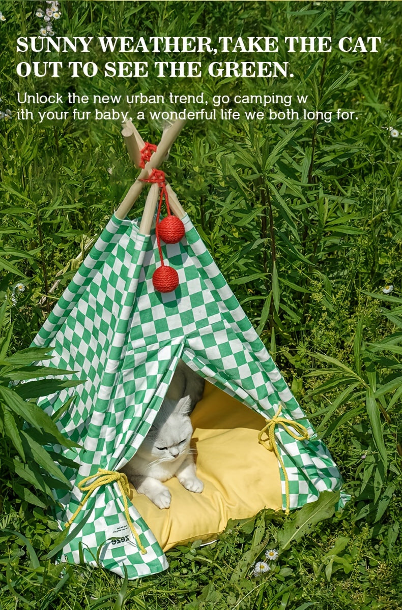 Zeze Cute Pet Tent Pet House Cat Nest Semi-closed Detachable Washable Mat Cat Bed Four Seasons Universal Cat Bed With Checkerboard Pattern