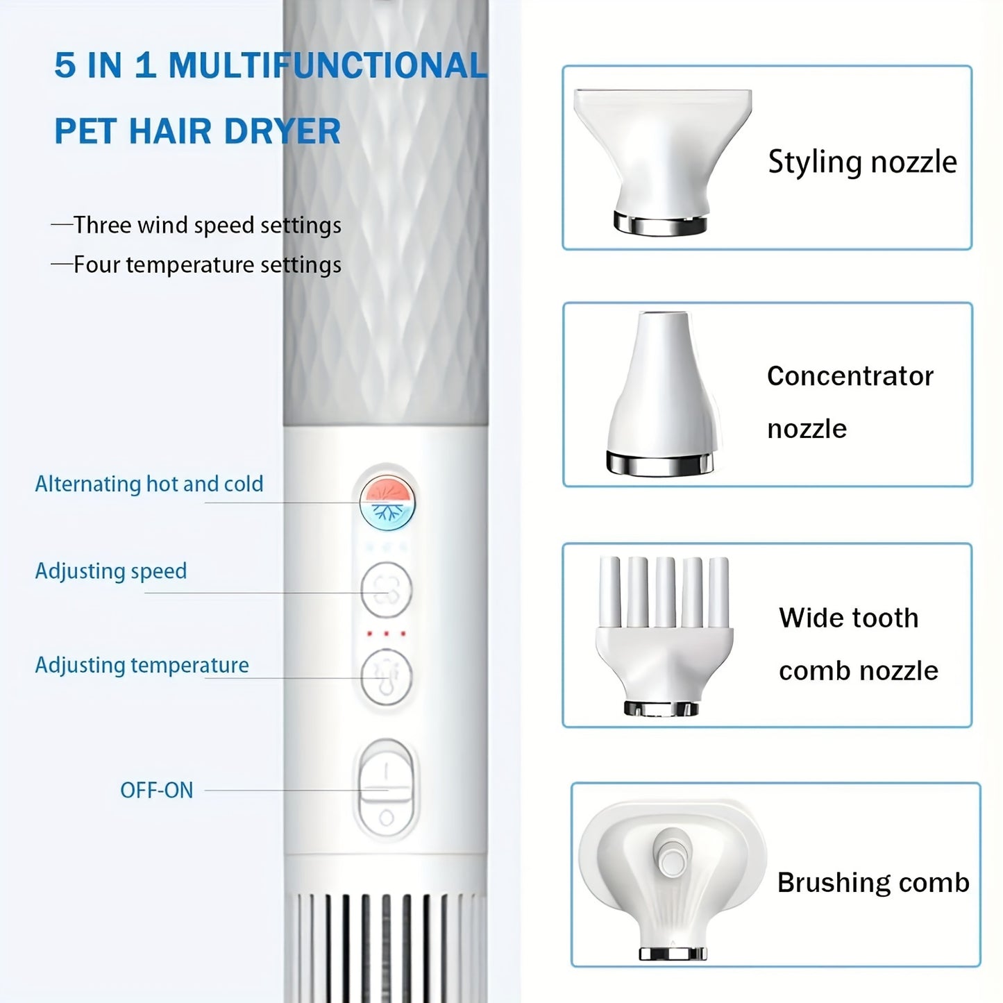 5-in-1 Portable Handheld Dog Hair Dryer - Advanced Smart Temperature Adjustment, Detachable Grooming Brush, Pet Washing Station, Travel-Friendly Design, Compact and Lightweight for Easy Use - Perfect for Home and Travel Pet C