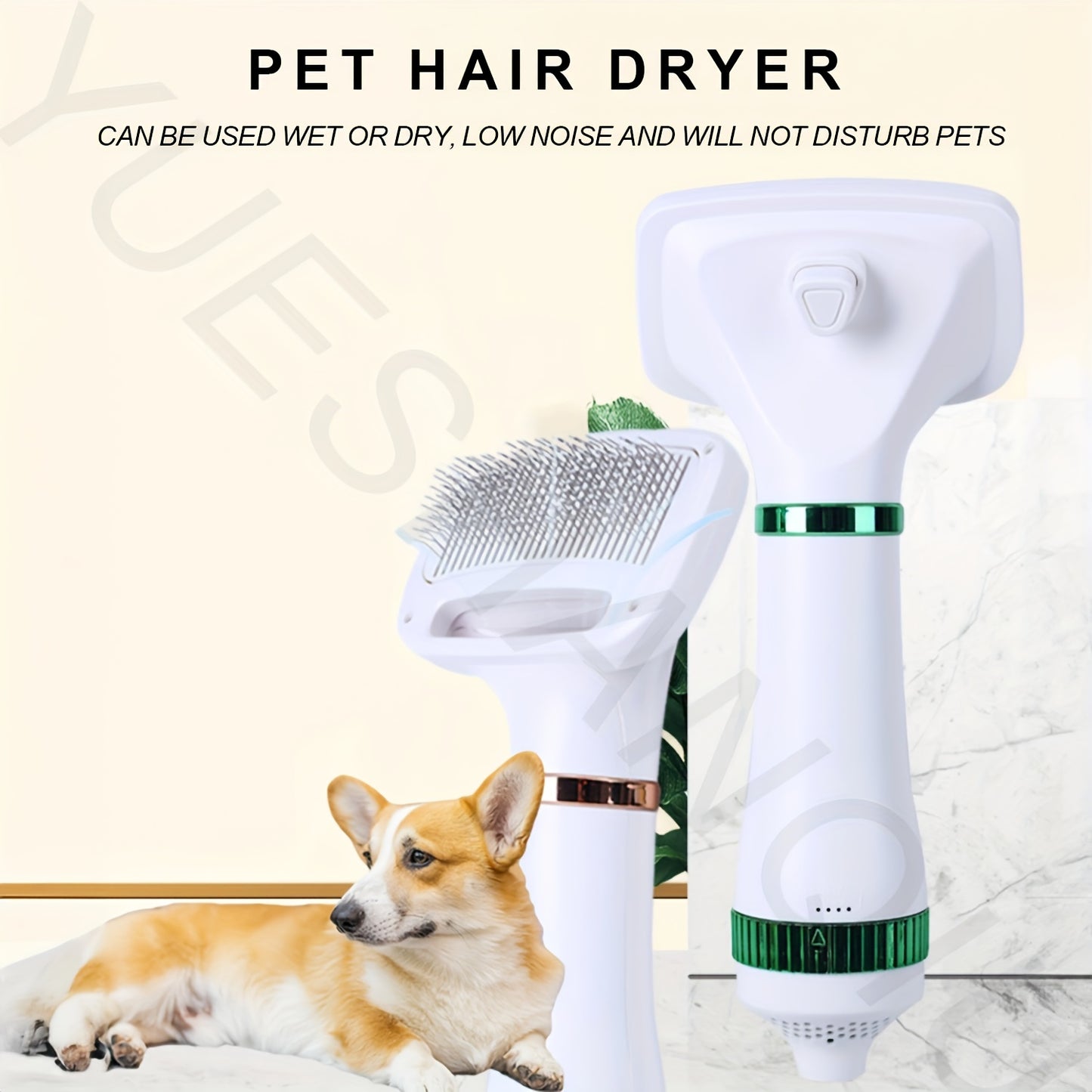 2-in-1 Pet Hair Dryer and Grooming Brush with 3-Speed Temperature Control, Quiet Operation for Dogs After Bathing, White with Green Accents, Plastic Material, Ideal for Wet or Dry Pet Care, Dog Grooming