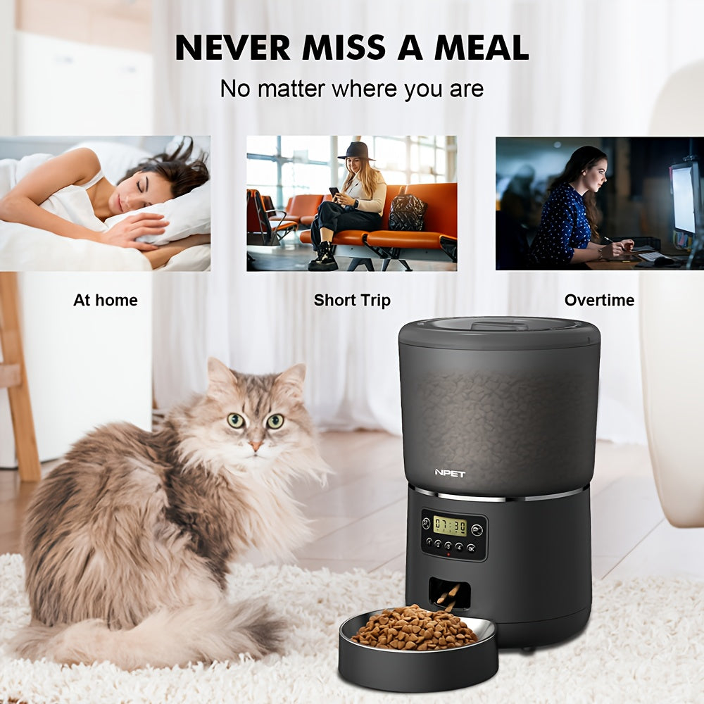 NPET 4L 140.8OZ Automatic Pet Feeder Tailored Healthy Meals Dispenses 1-9 Portions with Accurate Control 4L Large Capacity Available in Button And APP Versions