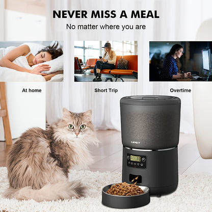 NPET 4L 140.8OZ Automatic Pet Feeder Tailored Healthy Meals Dispenses 1-9 Portions with Accurate Control 4L Large Capacity Available in Button And APP Versions