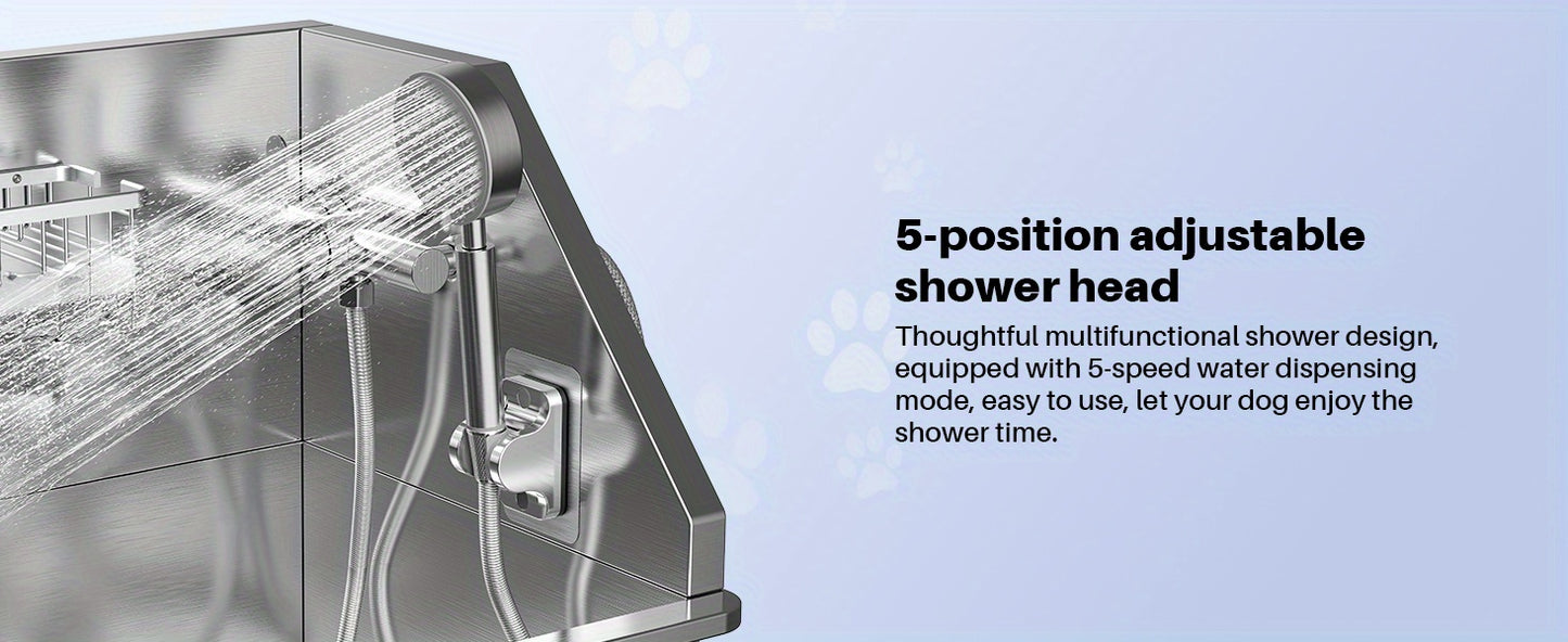 34" Stainless Steel Dog Washing Station with Sliding Door, Steps, Faucet & Sprayer – Easy-Access Bathtub for Small to Medium Pets, Max 110LB Capacity, Right Door Entry, Durable & Easy to Clean, Home Pet Care | Sliding Door