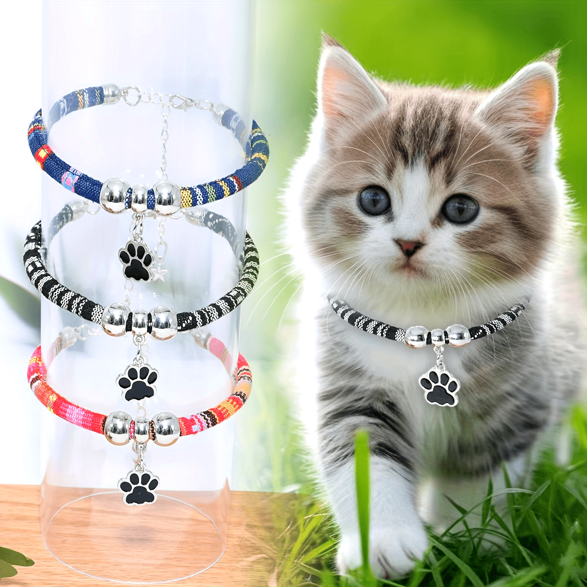 Nylon Pet Necklace with Colorful Paw Print Pendant - Adjustable Cat and Small Dog Collar with Ethnic Design - Durable and Stylish Pet Accessory
