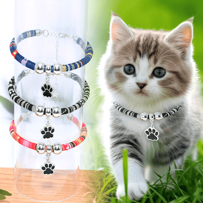 Nylon Pet Necklace with Colorful Paw Print Pendant - Adjustable Cat and Small Dog Collar with Ethnic Design - Durable and Stylish Pet Accessory