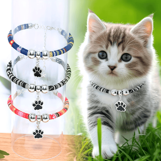 Nylon Pet Necklace with Colorful Paw Print Pendant - Adjustable Cat and Small Dog Collar with Ethnic Design - Durable and Stylish Pet Accessory